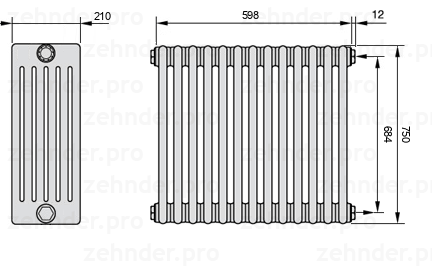 Схема (чертеж) Радиатор Zehnder Charleston 6075/13 №7610 Белый глянцевый RAL 9016
